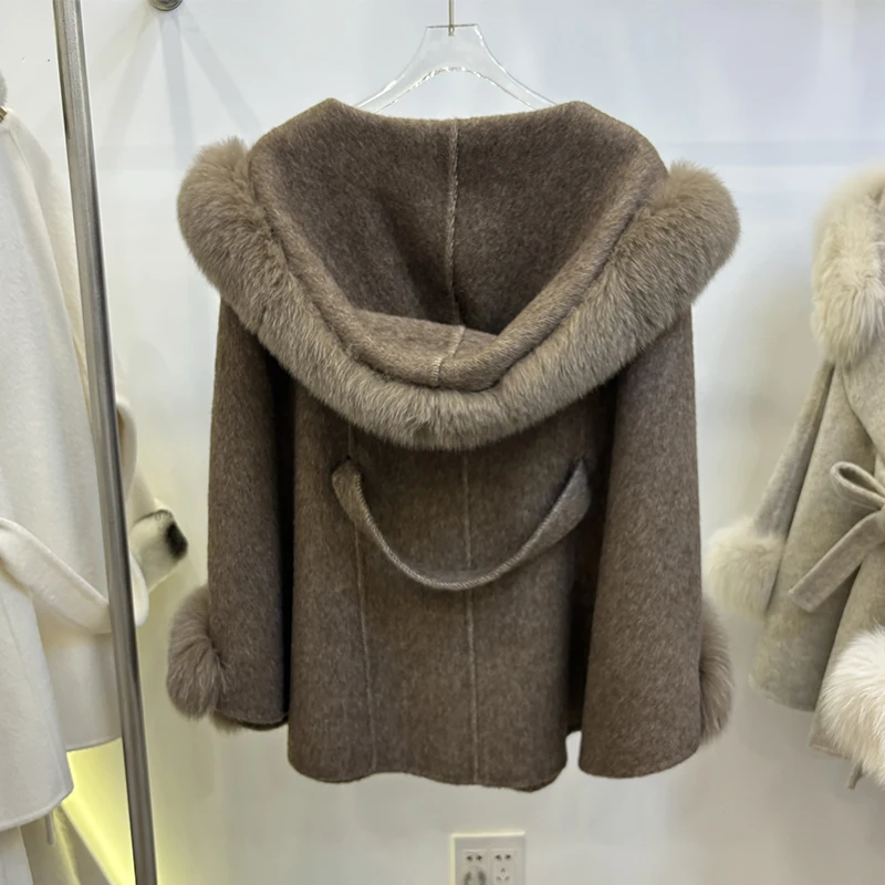 Women Autumn Loose Coffee Woolen Hooded Cape Oversize Real Fox Fur Collar and Cuff Hoodie Grey Apricot Woolen Cloak Coat