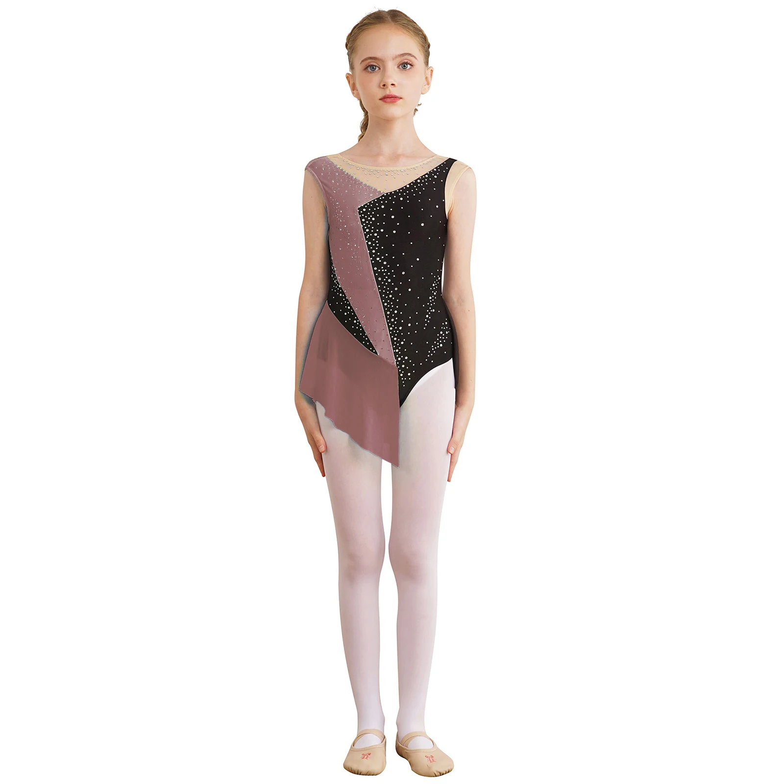 Kid Girls Sparkly strass ginnastica artistico pattinaggio artistico body Dress Sheer Mesh Ballet Jersey body senza maniche