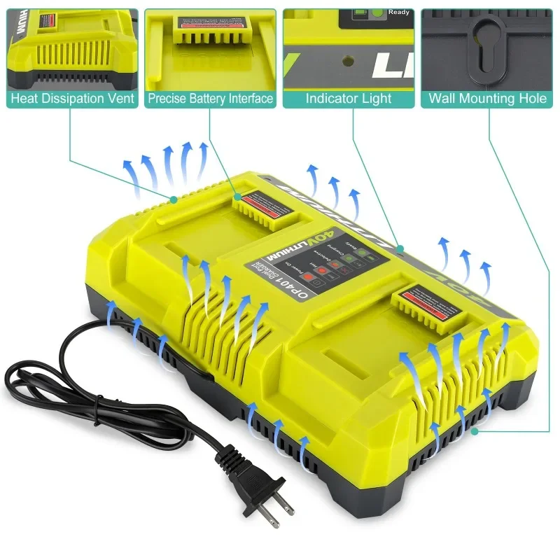 240W Portable Lithium Rapid Battery Charger Dual-Port Replacement Charging Station Compatible with For RYOBI 40V Li-ion Battery