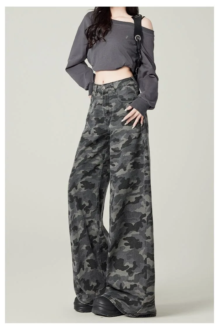 Y2K Übergröße Damen Graue Camouflage Cargo Jeans 2026 Frühling Herbst Hochgeschnittene Weite Hose Streetwear – Detail 7