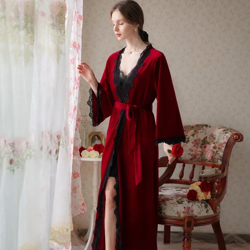 

Women Gold Velvet Night Dress Autumn Winter Long Bride Robe Wedding With Sashes Sexy Lace Deressing Gown Sleepwear Nightgowns