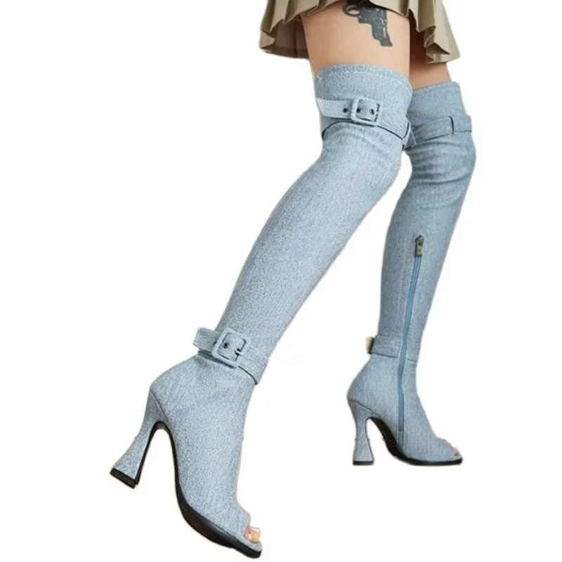 

Blue Denim Over The Knee Boots Strappy Decor Pointed Peep Toe Shoes for Women Chunky Heel Fashion Shoes 2023 Zapatos Para Mujere