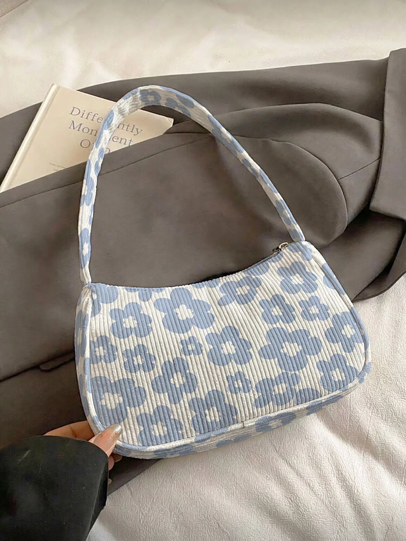 Light Blue Floral Print Shoulder Bag, Corduroy Underarm Bag