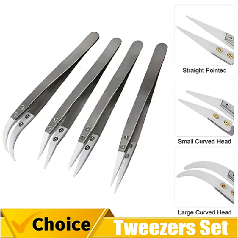 3pcs Non-Conductive Precision Ceramic Reverse Solder Tweezers Anti-Magnetic Pointed and Curved Tips Tweezers Set