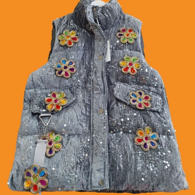 

Тяжелая промышленность, пуховый жилет с цветочным ромбовидным украшением, женский модный индивидуальный дизайн, новое зимнее толстое хлопковое пальто