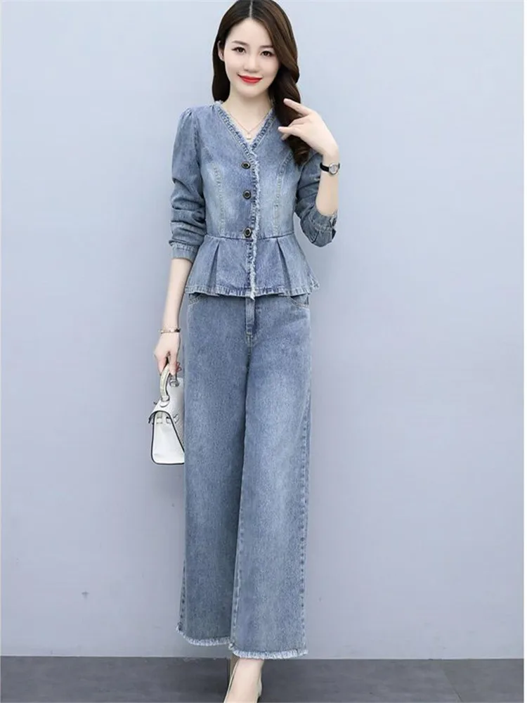 Women Denim 2 Piece Sets Women Outfit Spring Autumn Casual Long Sleeve Jean Jacket + Elastic Waist Wide Leg Jeans Pants Suit 3XL