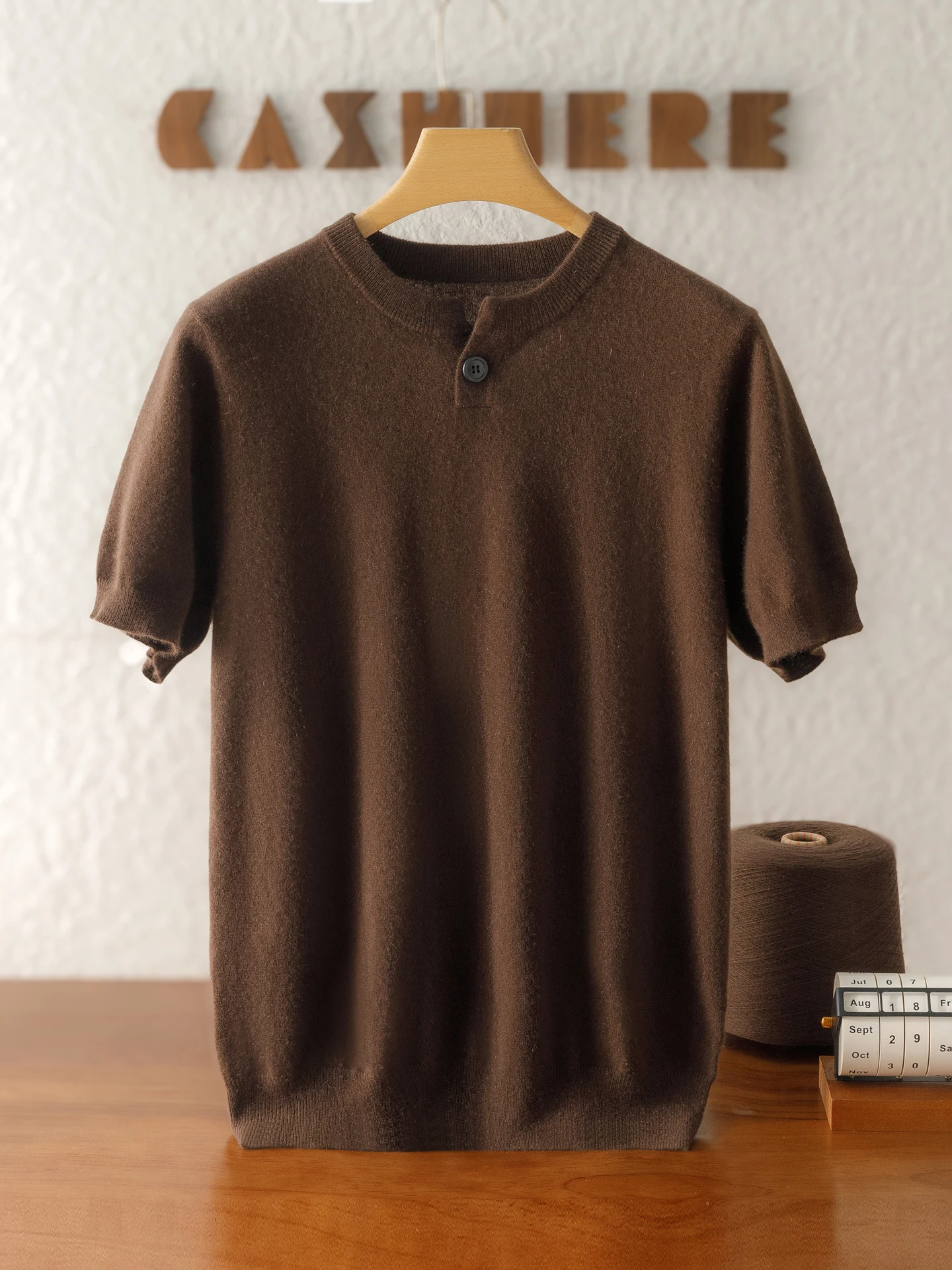 100% suéter de caxemira pura masculino em torno do pescoço fivela manga de 5 pontos camiseta manga curta primavera e outono espessura convencional