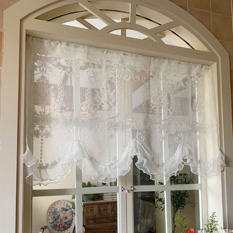 White Wave Embroidered Flowers Window Valance Living Room Elegant Lace Curtain Valance Warp Ruffled Short Curtains Kitchen #A360