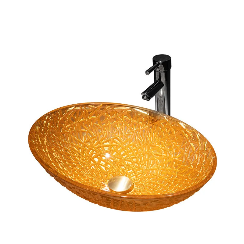 

500*355*150mm Golden Top Quality Artistic Wash basin Set Toughened glass Washbasin set New Gold hand basin+Brass faucet Modern