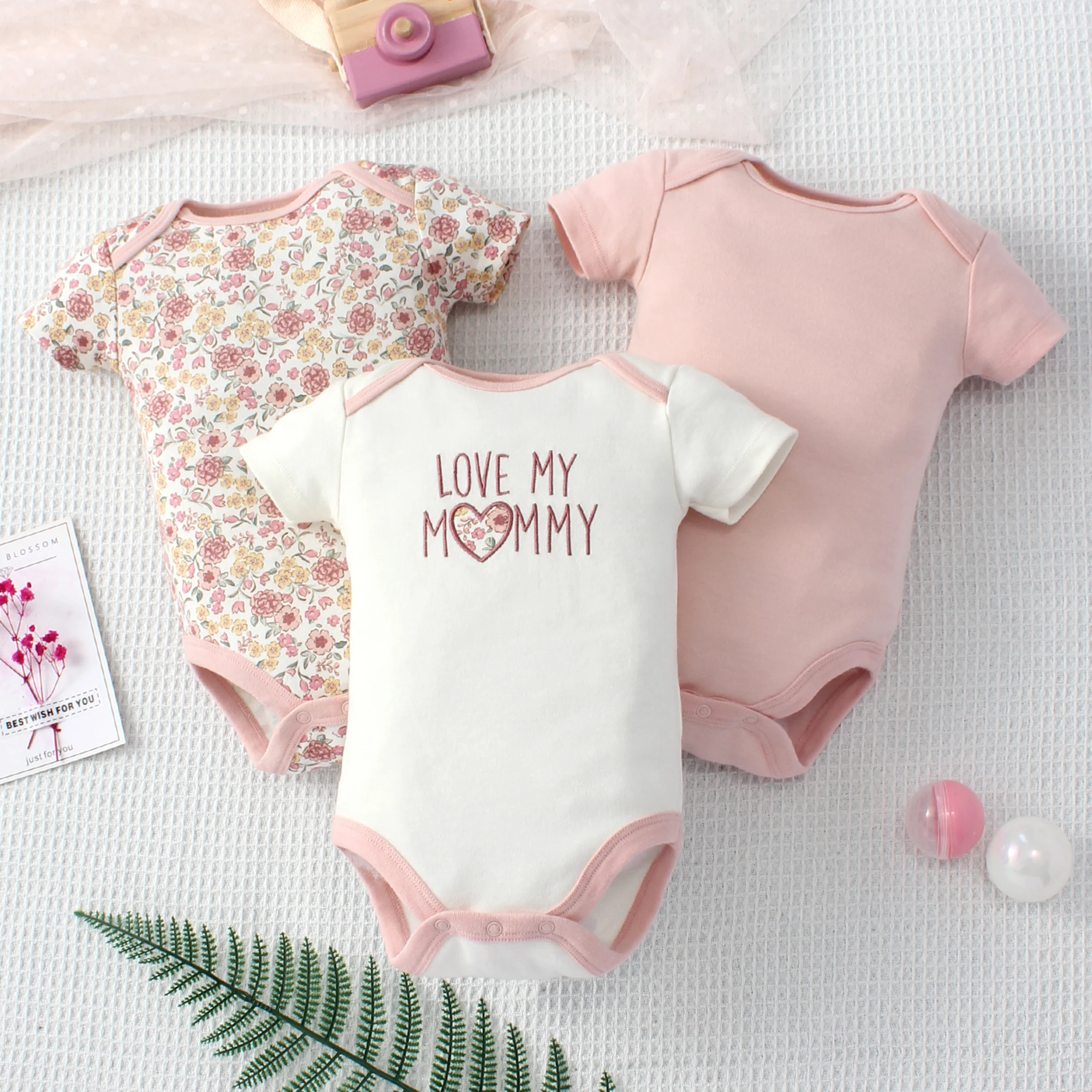 3PCS Summer Baby Jumpsuit Letter Patterns Paired Solid Color Jumpsuit and Small Floral Triangle Jumpsuit as a Mother\'s Day Gift