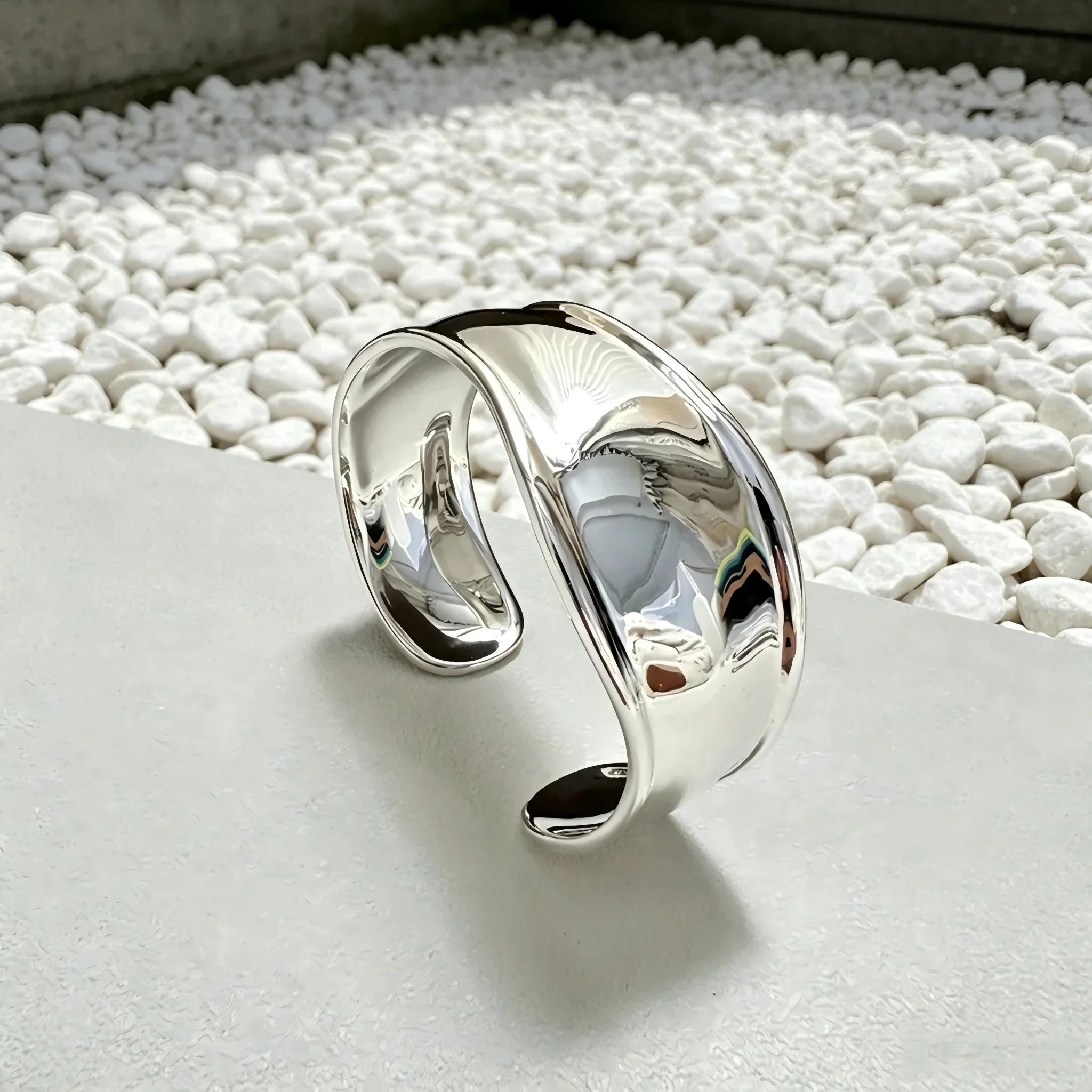 

S925 Sterling Silver Korean Heavy Industrial Arc Bracelet Glossy Finish INS Fashion Trendy Handmade Jewelry for Women