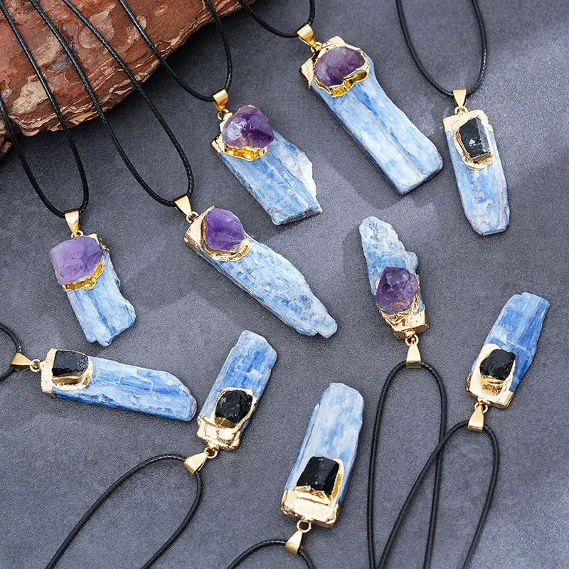 

6pcs/lot Natural Crystal Kyanite Inlaid Amethyst Pendant Irregular Tourmaline Ore Necklace Healing Jewelry for Women Men