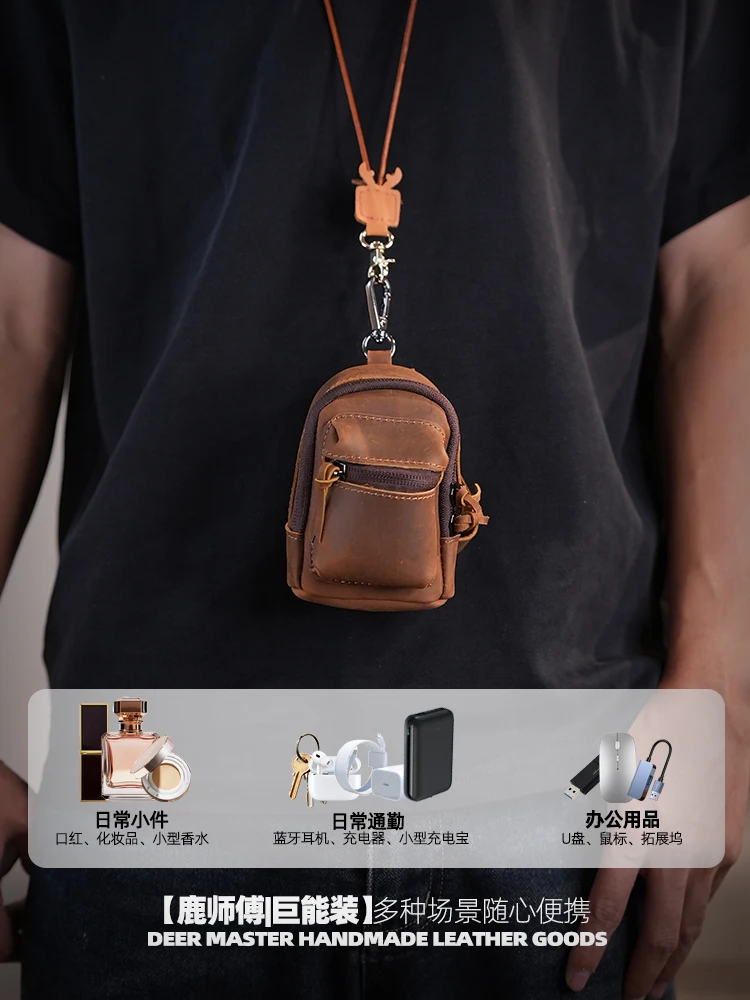 Vintage Crazy Horse Leather Car Key Bag Mini Small Bag Earphone Genuine Leather Coin Pendant New Style