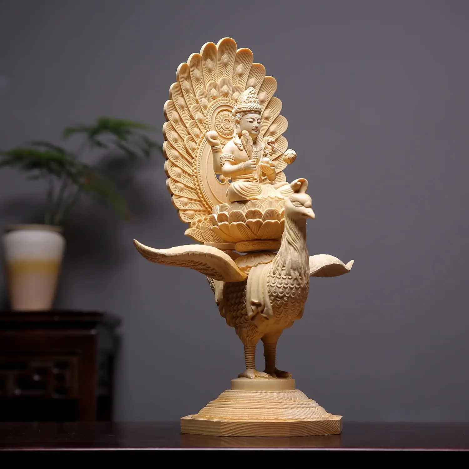 Hinoki Cypress Wood Carved Peacock King Buddha Statue Mahamayuri Tara Bodhisattva for Home Temple Altar Decor Handcrafted