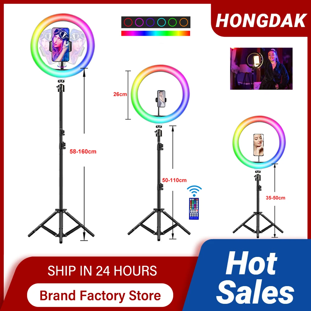 

10" Selfie RGB LED Round Ring Lamp with Stand Tripod Wireless Remote Photographic Lighting for Phone Tiktok Video Recording