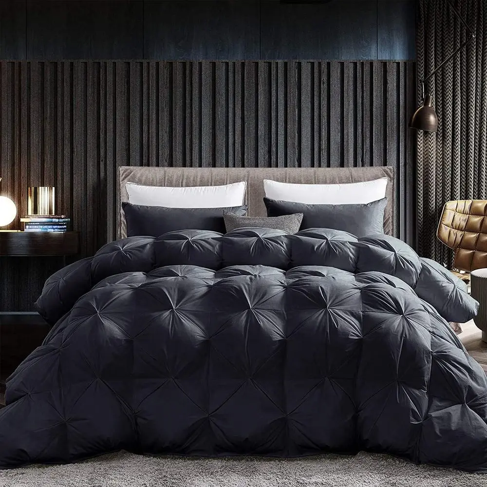 Luxurious King/Caliornia King Goose Down Comorter, Unique Black Pinch Pleat, 600 Thread Count, 100% Egyptian Cotton Cover, 75 Oz