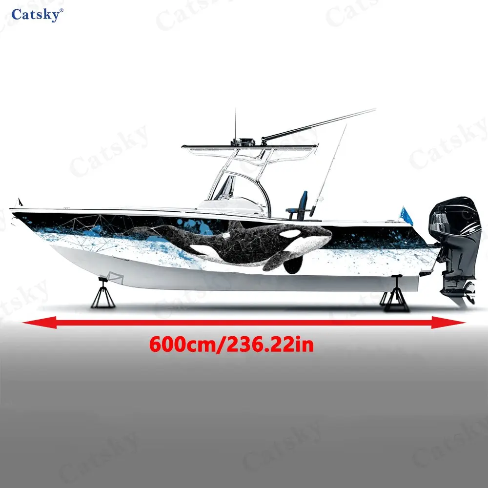 Blue Grid Star Dot Orca Boat Stickers, PVC Waterproof Durable Vinyl Wrap Decals for Fishing Boats, Durable and Stylish Design