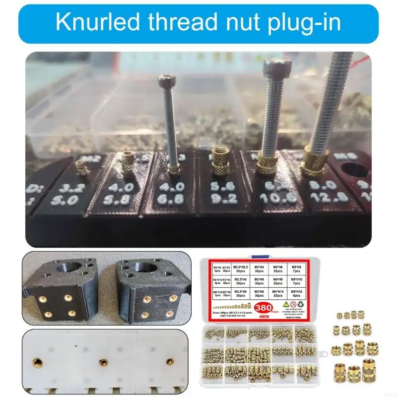 E7CD 380Pcs 2/2.5/3/4/5/6mm Female Thread Knurled Nut Brass Threaded Insert Embedment Nut for 3D Printing Components