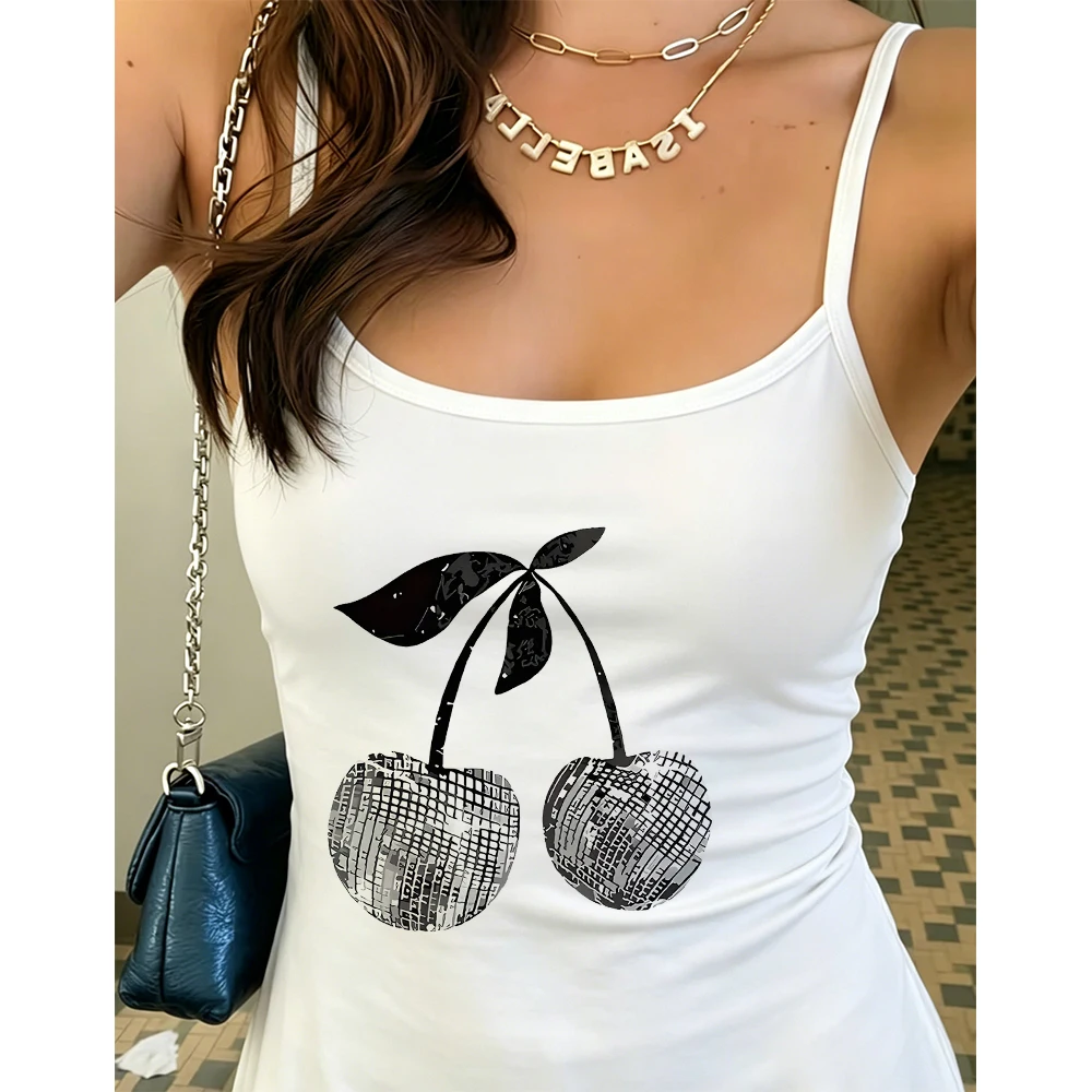 Disco Ball Cherry Print Camisole Women Party Graphic Tank Top Sleeveless Vest Summer Spaghetti Strap Trendy Fashion Top