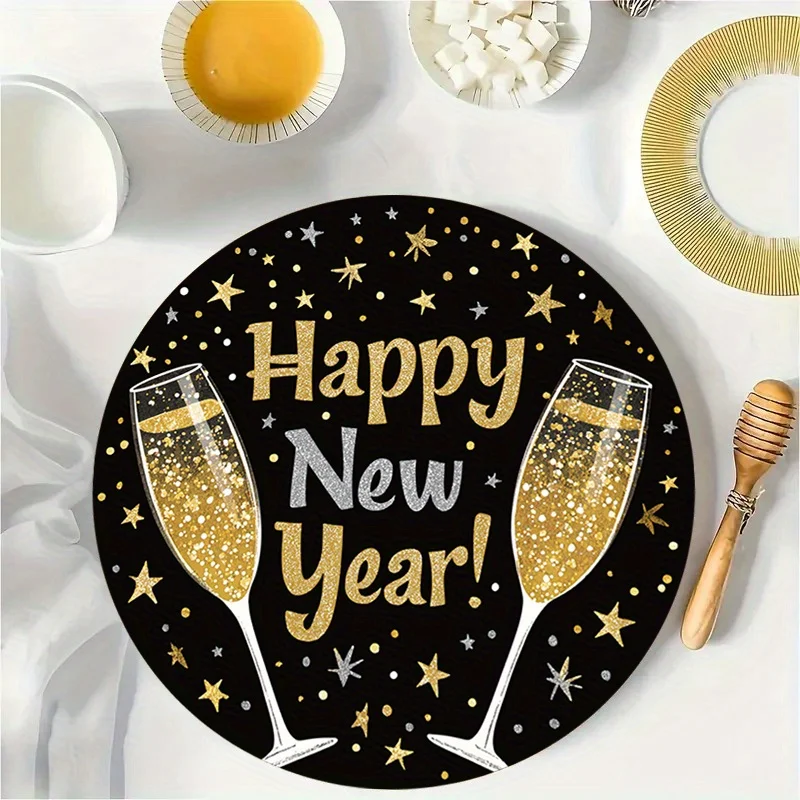 

VIKAMA 4-Piece New Year Placemats Black & Gold Happy New Year 2026 Kitchen Dining Table Top Mats Home Decor Party Decorations