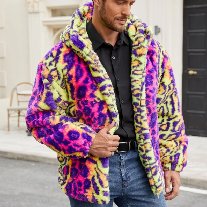 

2025 Winter Warm Jackets Coats Retro Tops Mens Faux Fur Leopard Hooded Jacket Tops Outerwear Fur Fluffy Thicken Coats Jacket