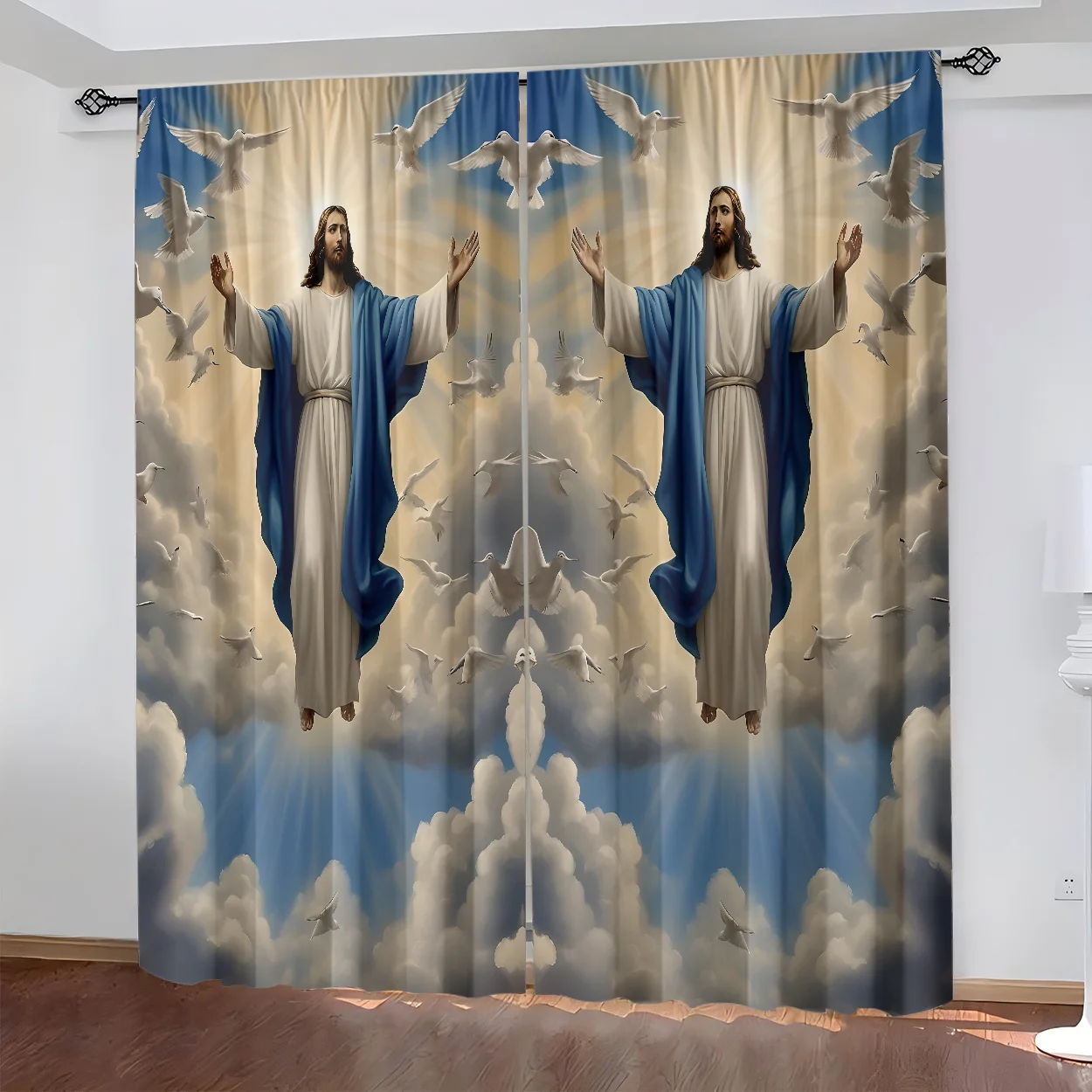 2pcs Jesus Christ Dove Clouds Curtains Religious Christian Home Decor Living Room Bedroom Window Drapes