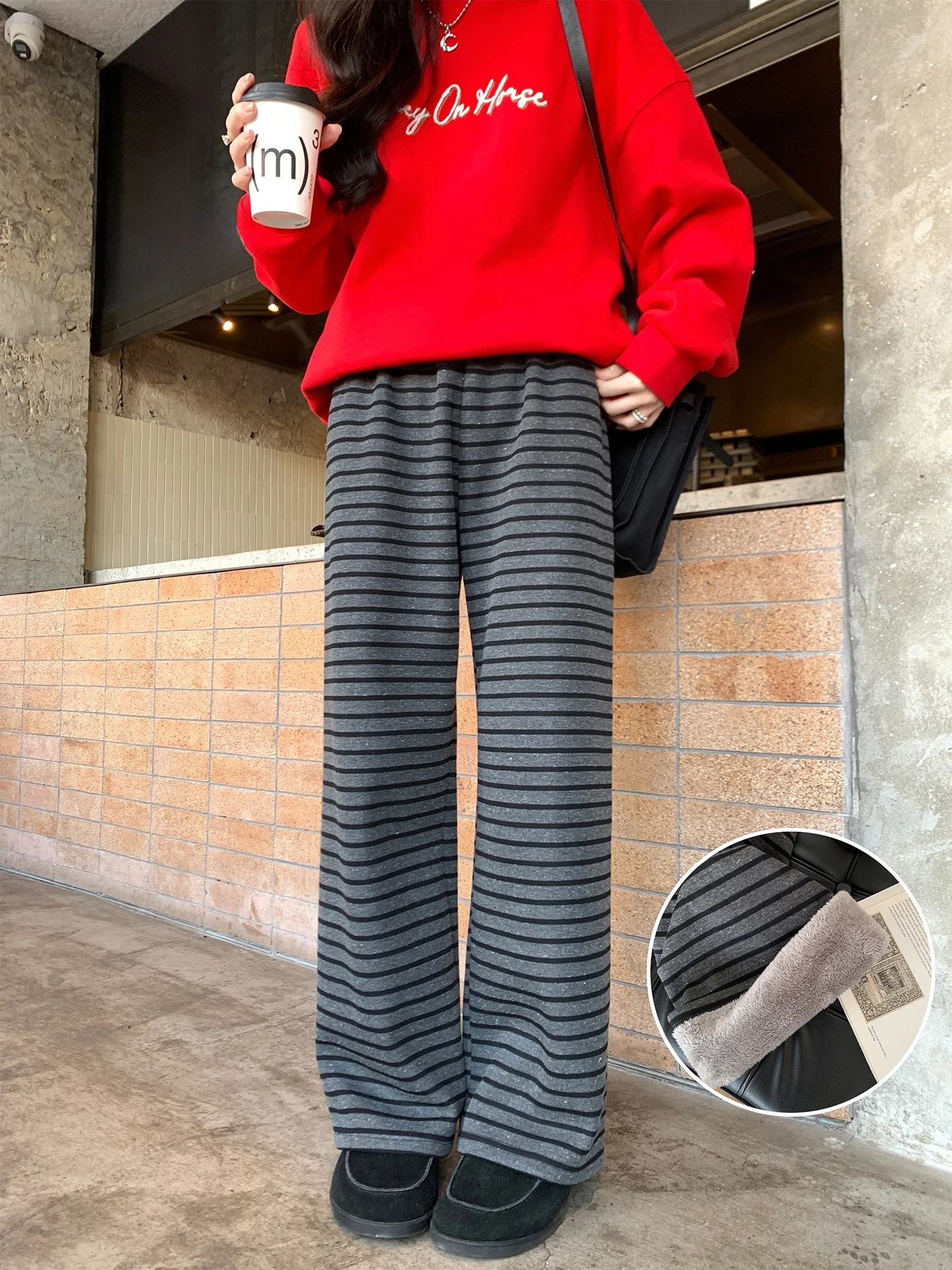 

Брюки женские зимние трикотажные в полоску, классические, свободные, прямые, с эластичным поясом, повседневные, от Aboutpoem Fce Lined Thiened