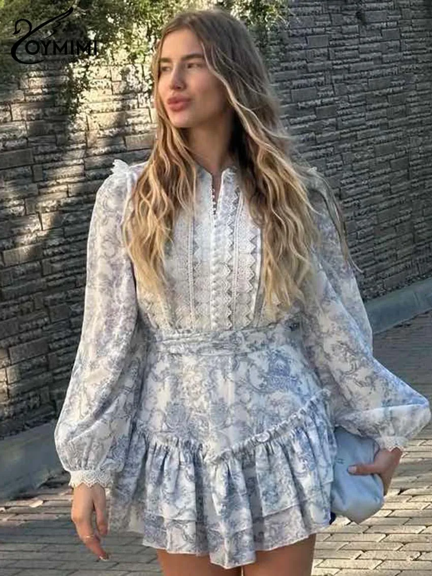 

Oymimi Fashion Blue Print Women's Dress Elegant O-Neck Long Sleeve Lace Dresses Casual High Waist Pleated Mini Dresses Female