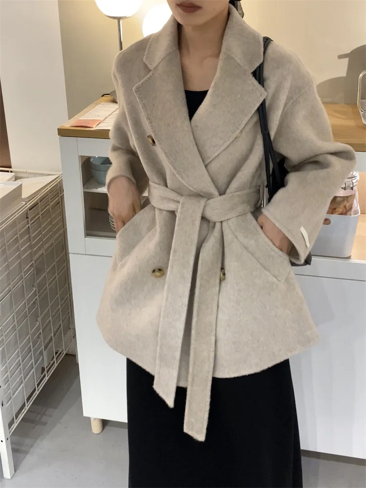 High-end Short Double-breasted Woolen Coat Female Causal Fashion Double-sided Cashmere Coat Women Korean Belt Fit Autumn Winter