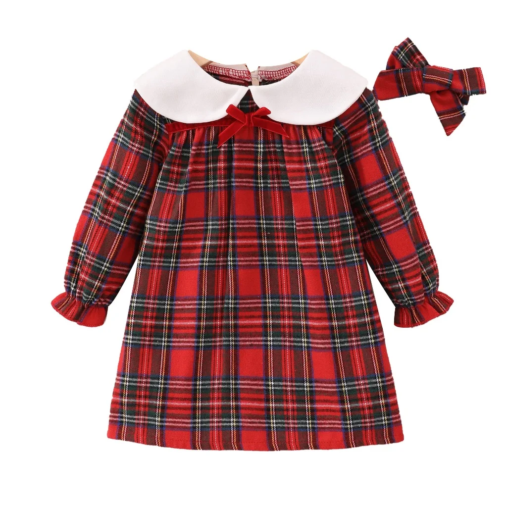 2024 Dress Baby Girl Clothes Long Sleeve 1 2 3 4 5 Years Red Plaid Cute Pretty Birthday Party  Princess Dress For Kids Girl