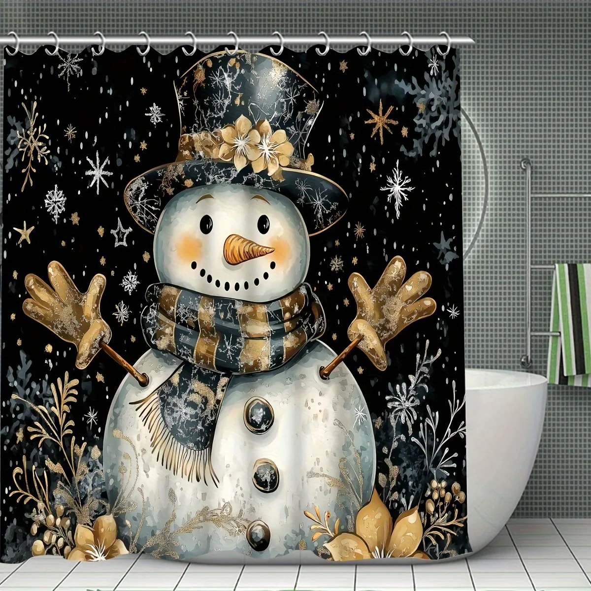 4PCS Chic Christmas Black & Gold Shower Set – Snowflake & Snowman, 12 Hooks, Non-Slip Mat, U-Shaped Seat Cover – Holiday Decor