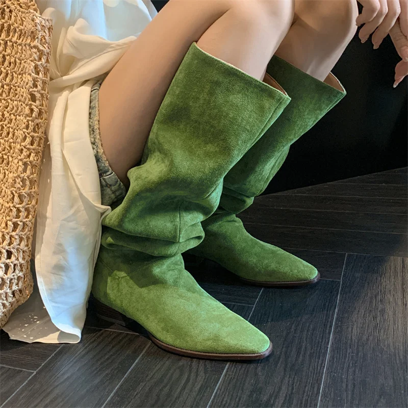 

Green Boots Pink Botas Square Toe Chunky Heels Sewing Design Shoes Pleated Knee Apricot Zapatos Mujer Concise Luxury Elegant New