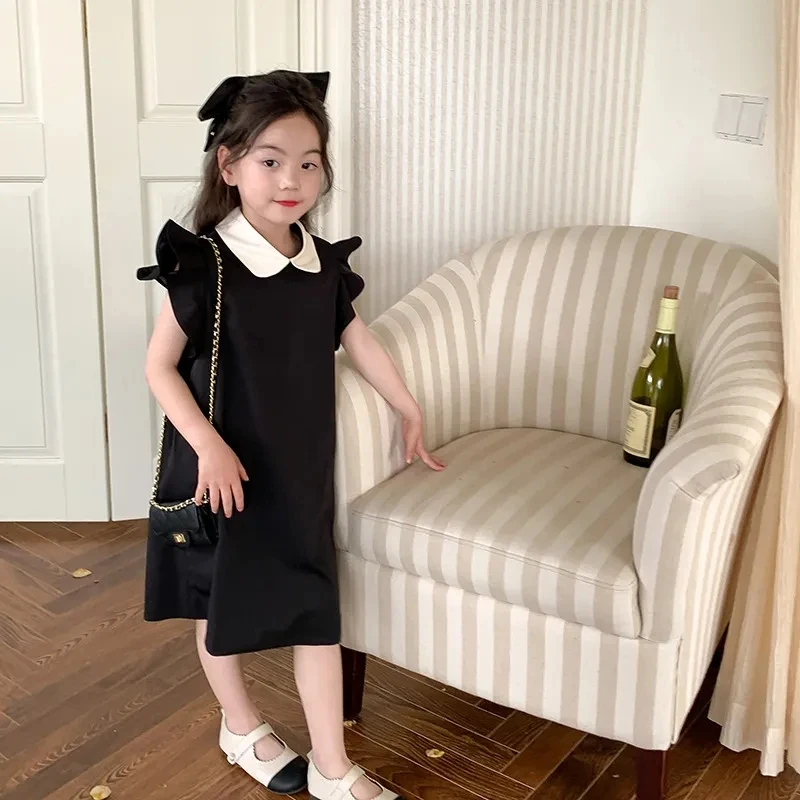 2-12 Years Toddler Baby Summer Sleeveless Dresses for Girls Black Peater Pan Collar Dress Children Outfits Clothing Infant Dress