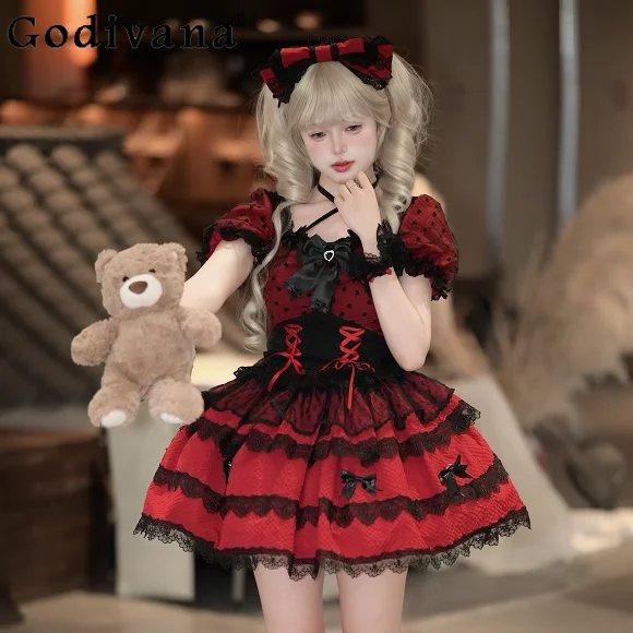 

Sweet Lolita Style Red Neck Top Skirt 2-piece Set Summer 2025 Japanese Girls Women's Cute Bow Lace Lo Split Dress Princess Dress