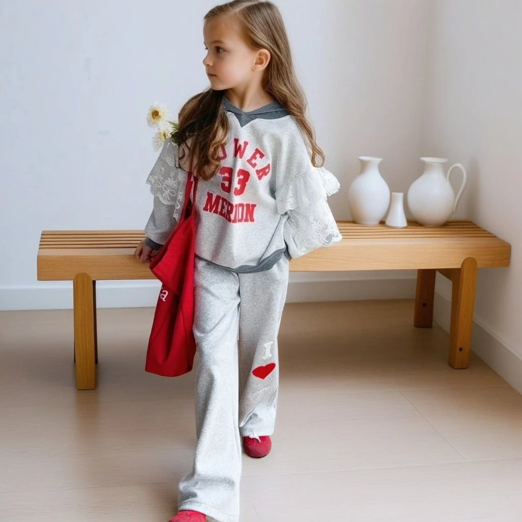 

Autumn School Teen Girls Tracksuit Patchwork Hoodie Wide-Leg Pants Set Trendy Lace Sleeve Embroidery Casual Outfit Set for Kids