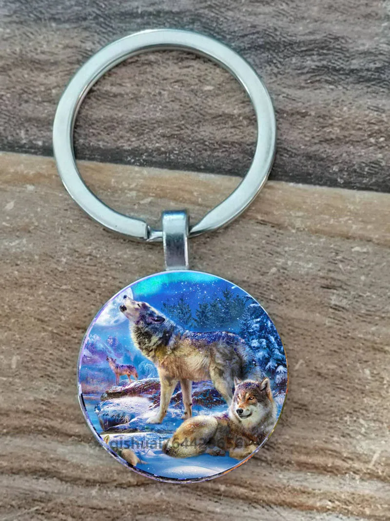 Wolf Key Ring Howling Wolf And Moon Key Ring Single-Sided Glass Key Ring Wolf Head Pendant Key Ring