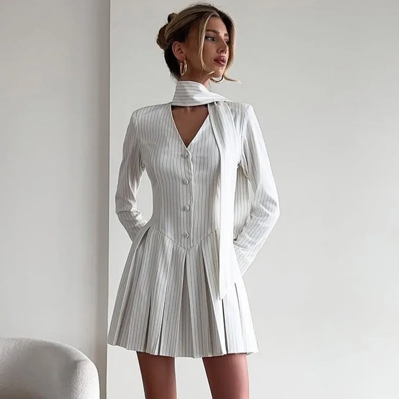

Ticketsx Striped Long Sleeve Dress Women White V-Neck Button Scarf Bibbon Slim Mini Dress Fashion Female Office Commute Dress