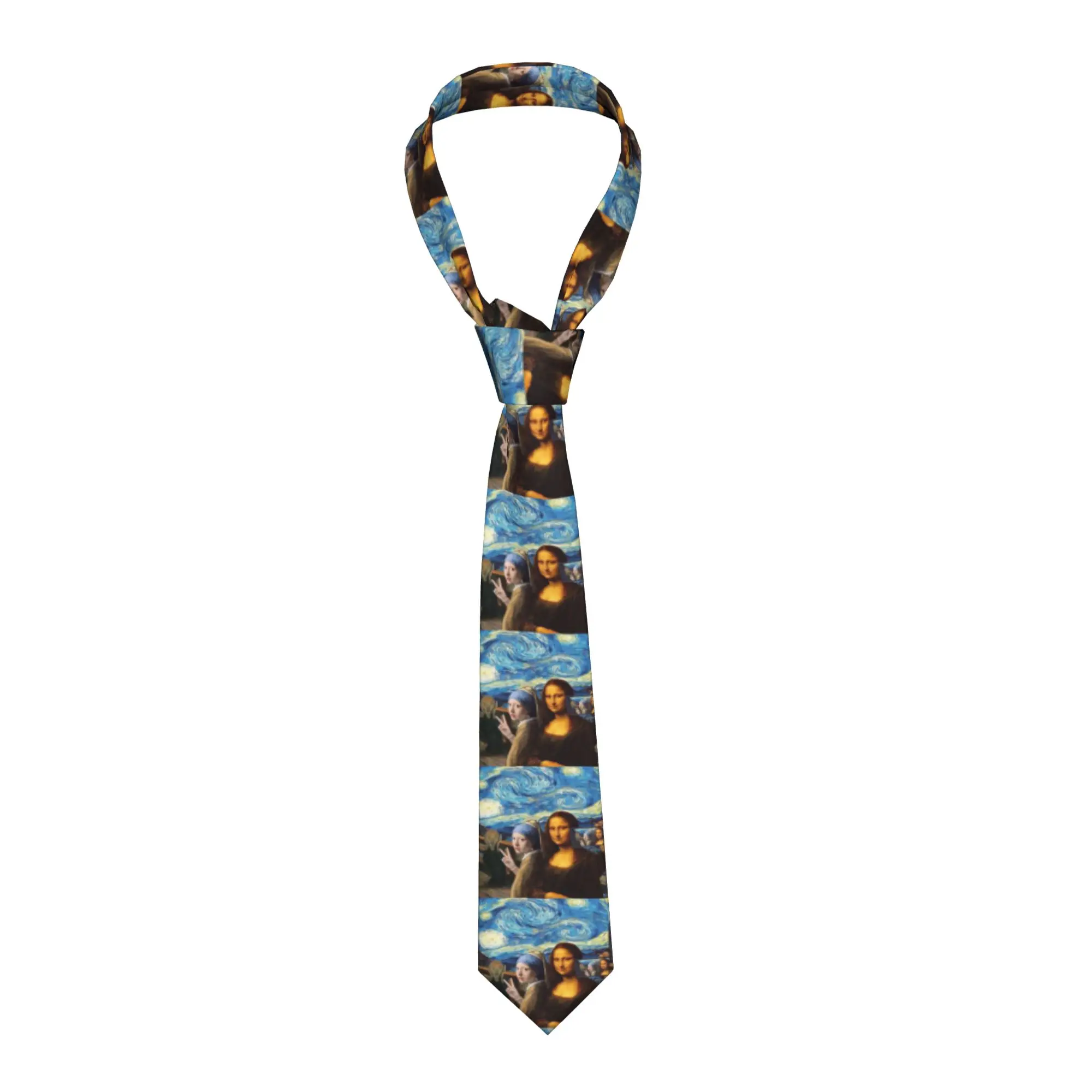 Starry Night By Mona Lisa and Vincent Van Gogh Neck Tie Men Formal Art Painting Silk Office Necktie