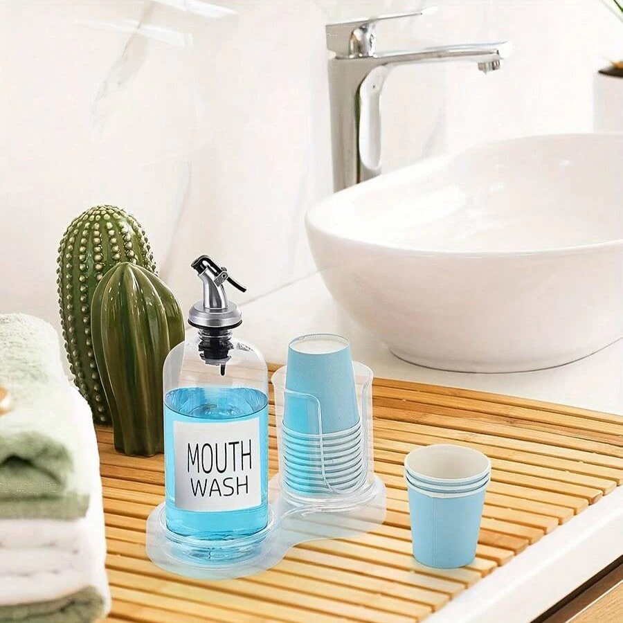 Plastic Mouthwash Dispenser with Cup Holder, Clear Mouth Wash Pump Bottle with Tray for Bathroom Organizers, Mouthwash Container