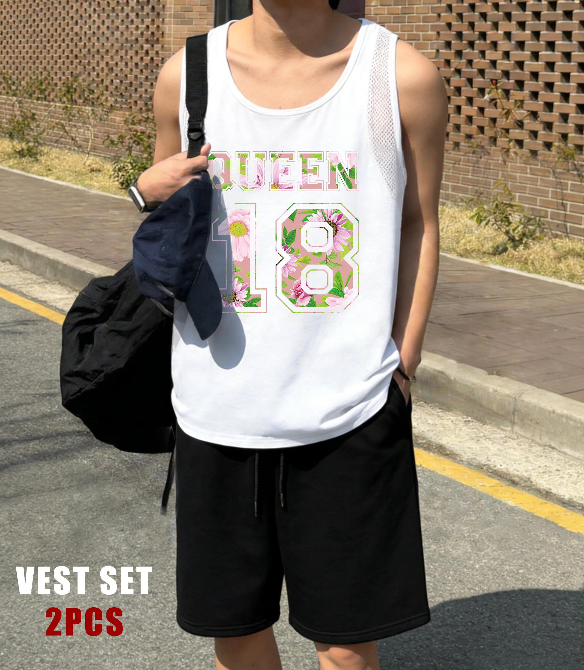 

Queen 18 Floral Design Pattern Men Reticular Vest Suit Summer Drawstring Shorts Basics O-Neck Vests Unisex Fashion Sportset