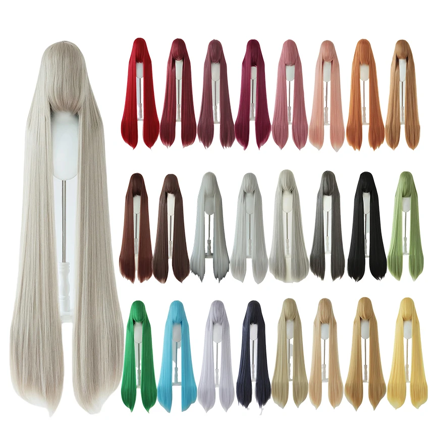 700 g hochwertige 59" 150 cm lange gerade Cosplay-Perücke mit Pony, blond, braun, rot, grün, blau, hitzebeständige Haarfarben, Anime-Perücken
