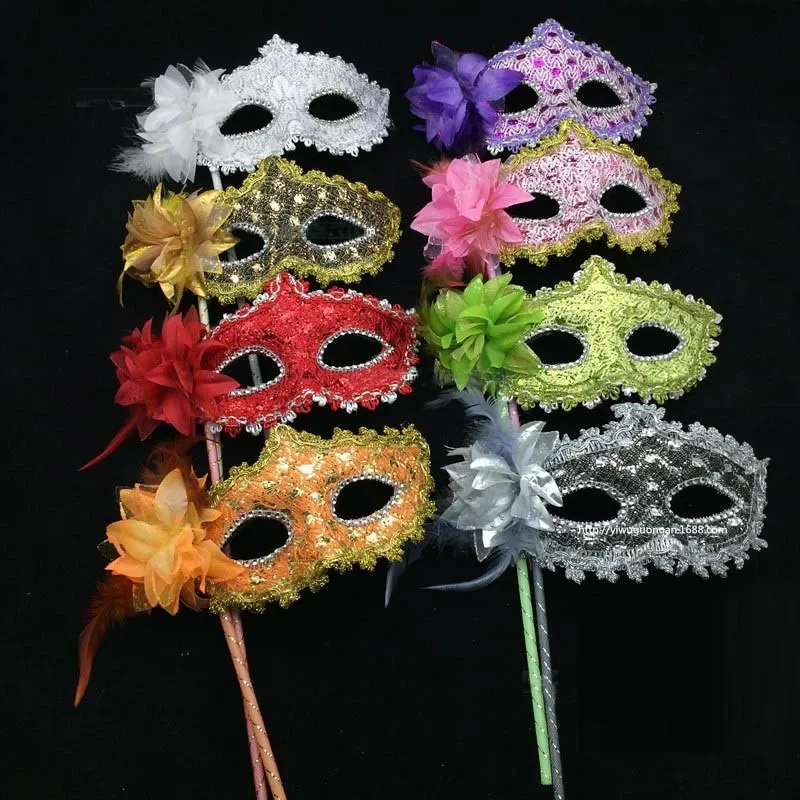 10pcs Women Lady Flower Handheld Mask On Stick Plastic Feather  for Party Prom Ball Fancy Dress  Easter Birthday  Halloween