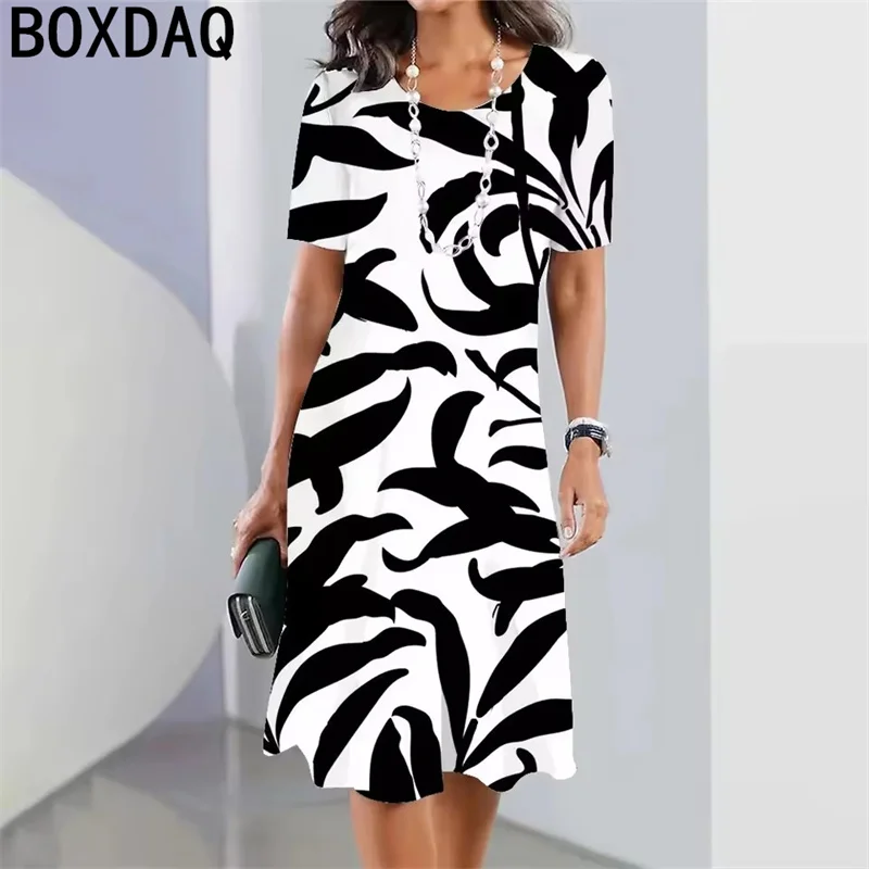 Fashion Art Stripe Printed Dress Women's Summer Short Sleeve Round Neck Casual A-Line Dress XXS-3XL Female Elegant Vesridos