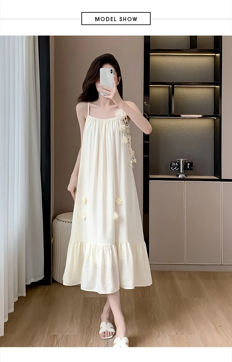 Summer Three-dimensional Flowers Embroidery Loose A-line Halter Dress Women Sleeveless Knee-length Beach Dresses Female