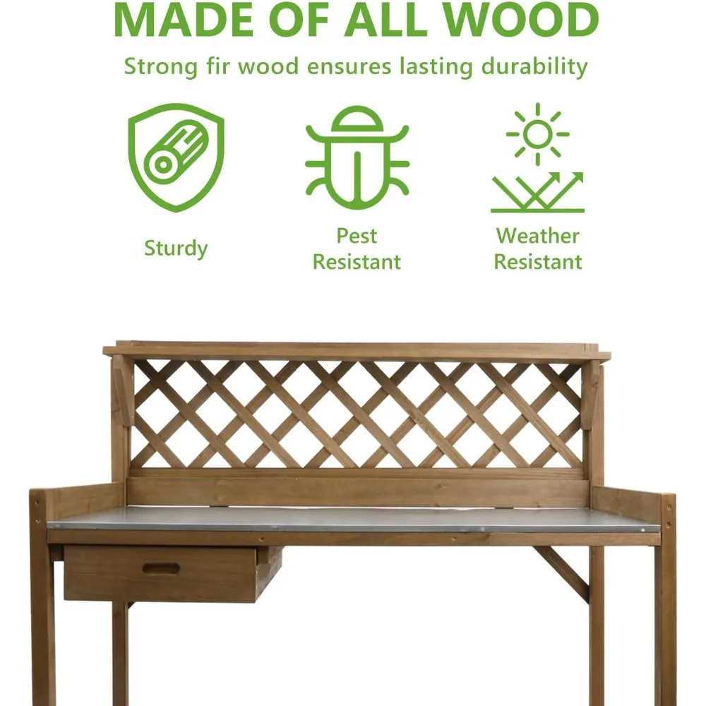 ม้านั่งและโต๊ะกระถางสวน, สถานีทํางานไม้กลางแจ้งพร้อมโต๊ะโลหะด้านบน, ลิ้นชัก, ชั้นวางด้านล่างขนาดใหญ่, ชั้นวางเปิดไม้ธรรมชาติ-