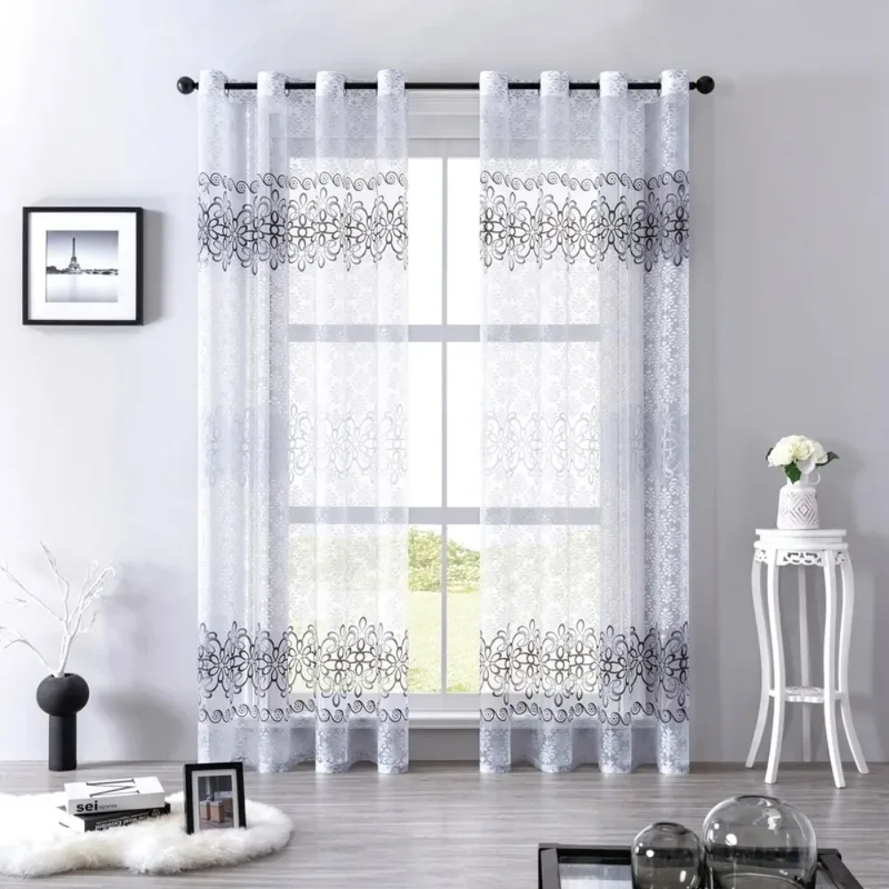 Cortina transparente gris para sala de estar, cortina de tul Pastoral europea, ventana, dormitorio, cortina marrón, tela de cocina