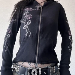 Y2k Grunge Zip Up Sweatshirt Flower Wings Print Slim Fit Hoodies E-girl Gothic Cool Street Outwear 00s Aesthetic Vintage Jacket