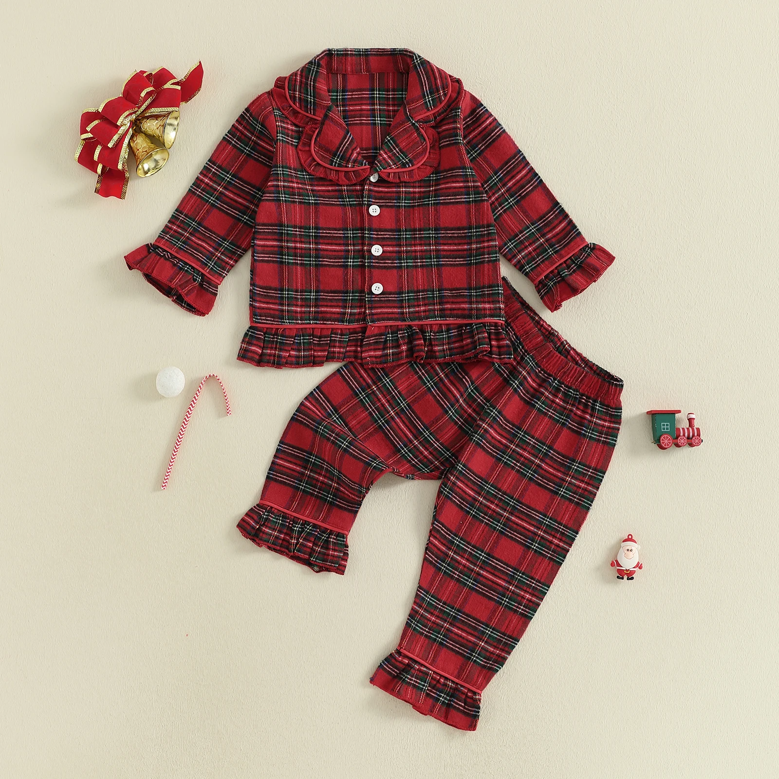 طقم بيجامات خريفي وشتوي للفتيات الصغيرات منقوشة مطبوعة بأكمام طويلة وياقة مقلوبة مع سروال بخصر مطاطي ملابس نوم ملابس منزلية