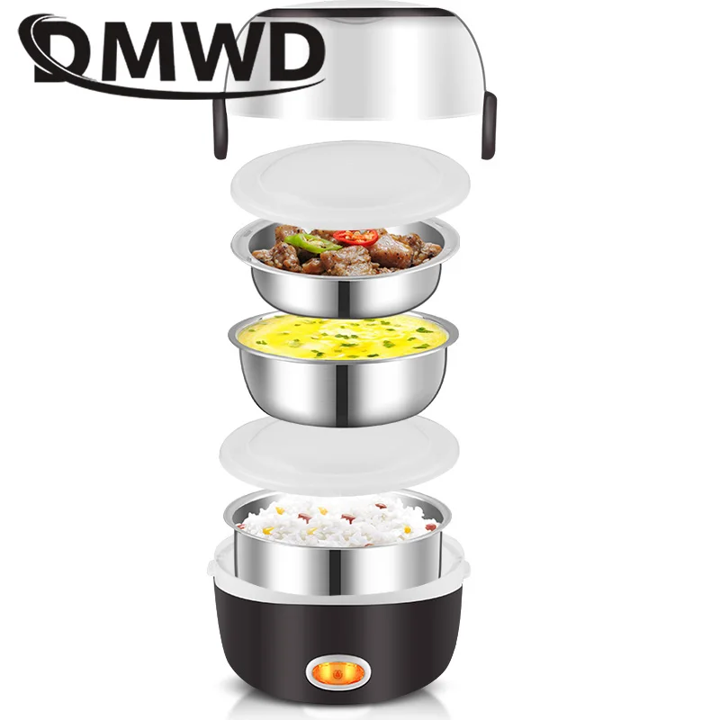 Mini Electric Rice Cooker Stainless Steel 2/3 Layers Food Container Steamer Portable Meal Heating Lunch Box Heater Warmer Bento