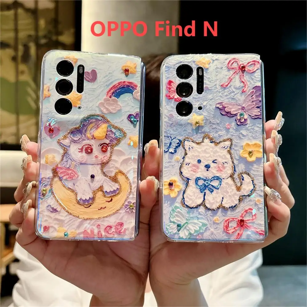 Blu-ray Cute Cartoon Pattern Phone Case For OPPO Find N N2 Jewelled PC Protection Hard Shell Back Cover